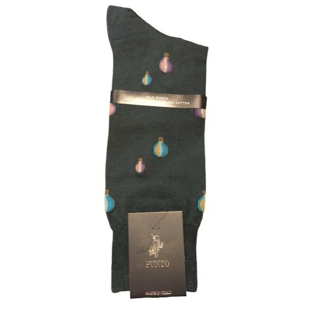 Punto Italian Mens Dress Socks Cotton Dark Green Hot Air Balloon Italy Sz 10-13